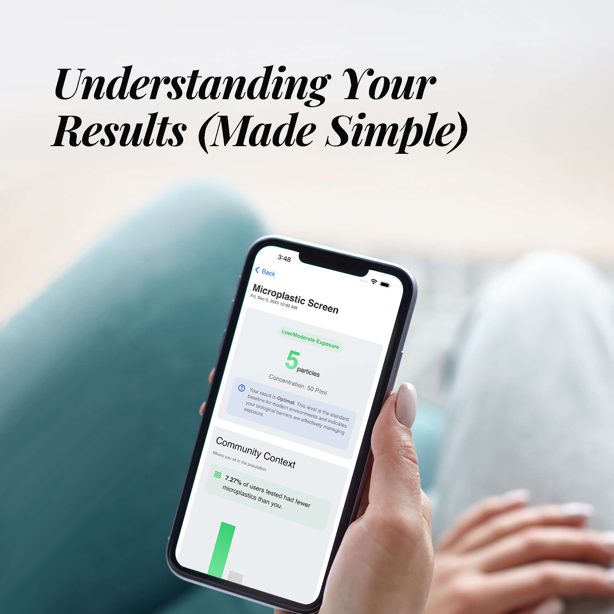 Person holding a smartphone with the Lumati app displaying microplastic screen results, text 'Understanding Your Results (Made Simple)' above.