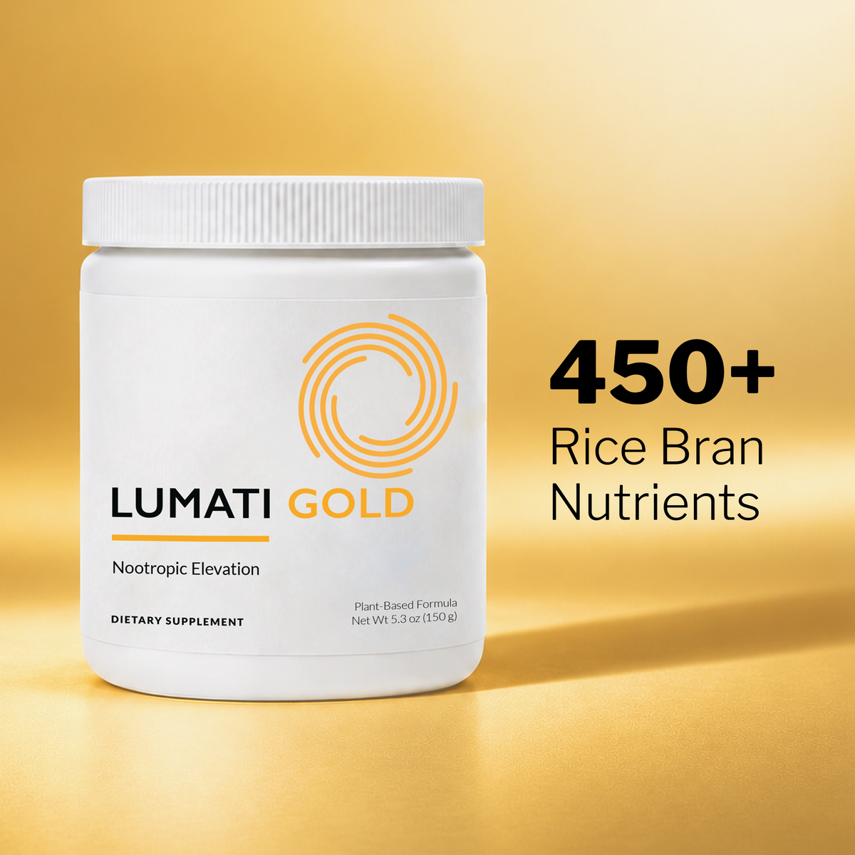 Lumati Gold tub with 450+ rice bran nutrients callout on a gold background