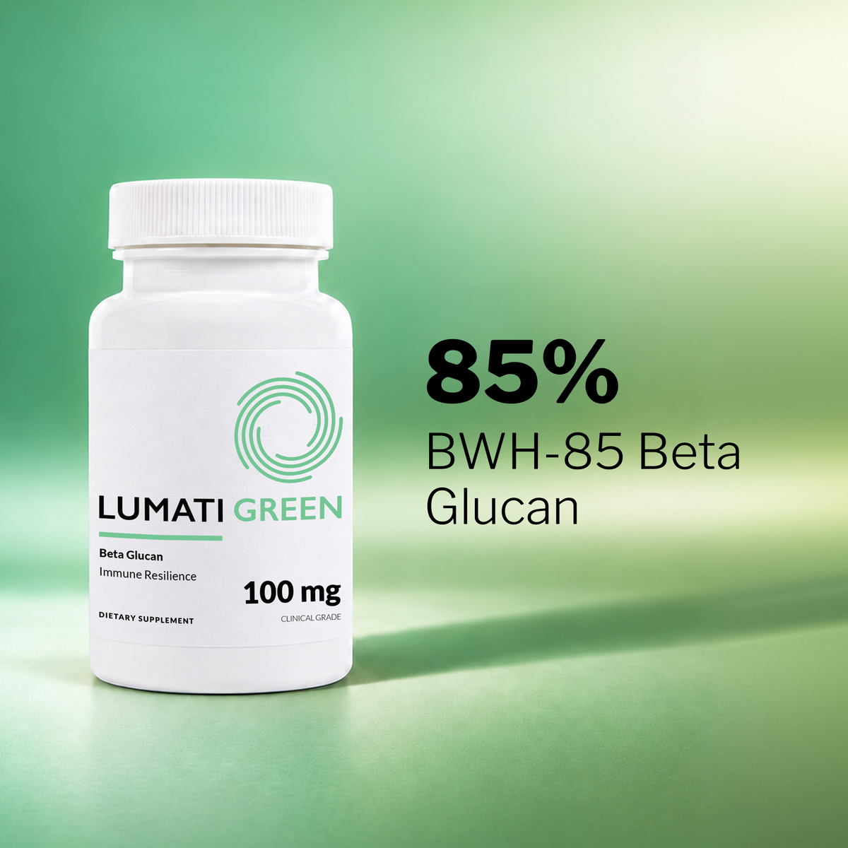 Lumati Green 100 mg bottle with 85% BWH-85 beta glucan purity callout on a green background