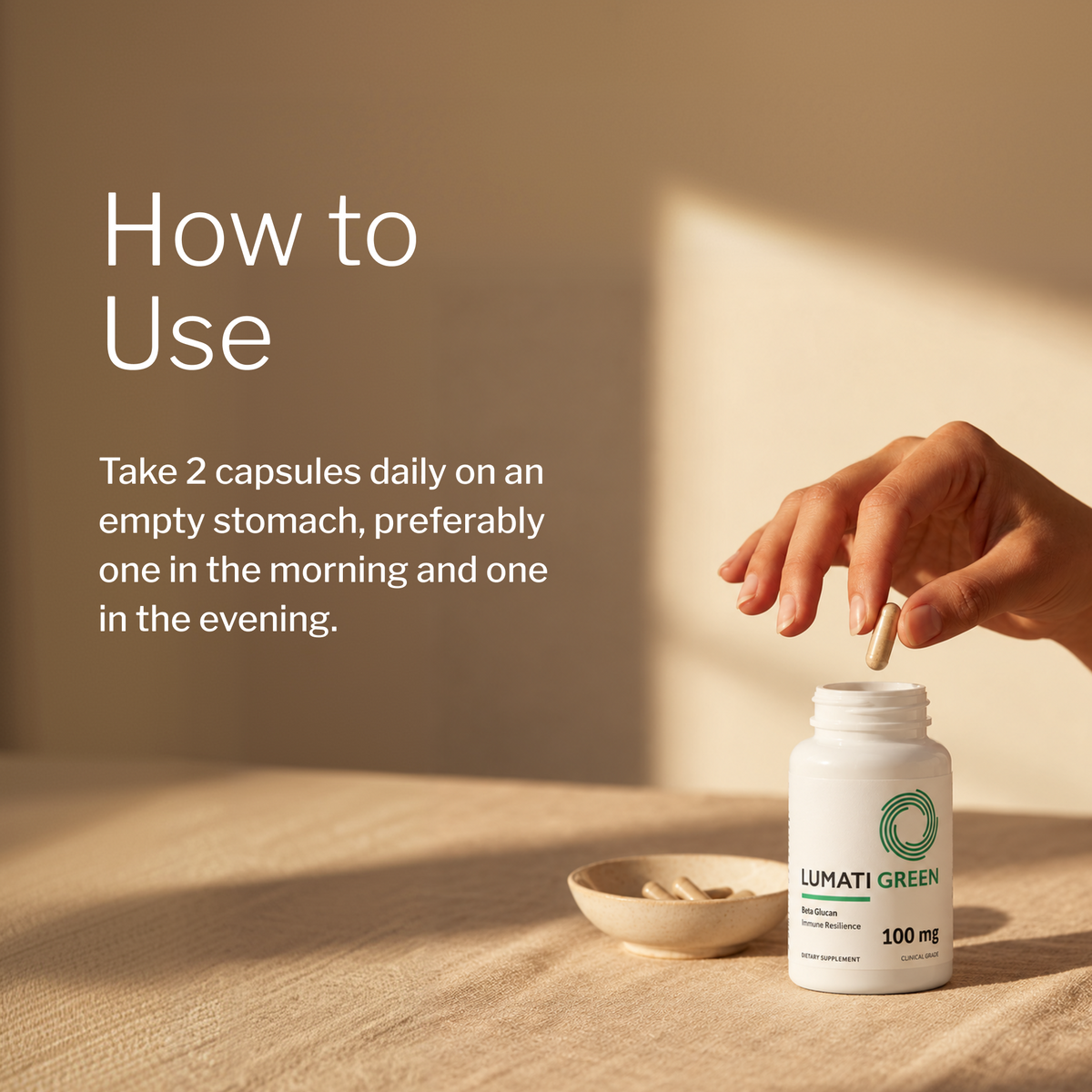 How to use Lumati Green: take capsules daily on an empty stomach, morning and evening