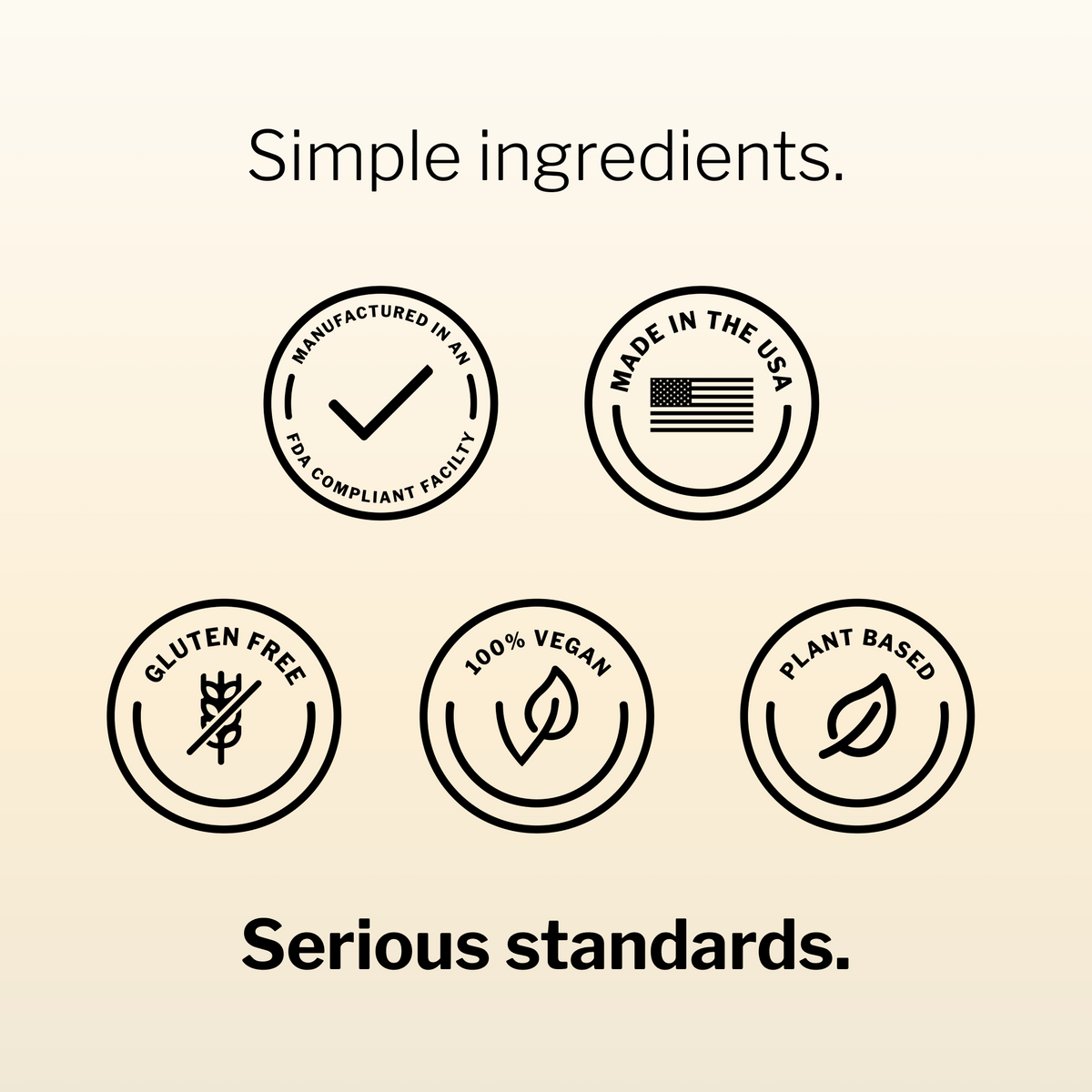 Lumati Gold quality badges: made in the USA, gluten free, 100% vegan and plant based