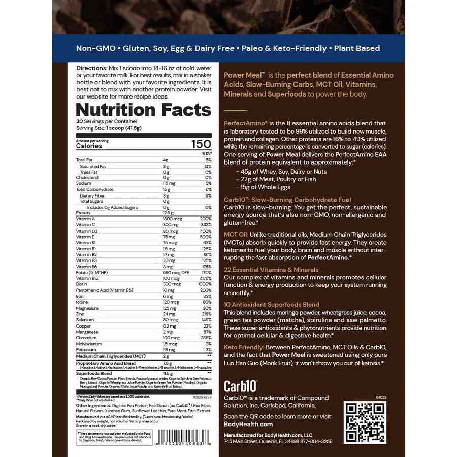 BodyHealth Perfect Amino Power Meal chocolate nutrition facts panel, one scoop serving, 20 servings