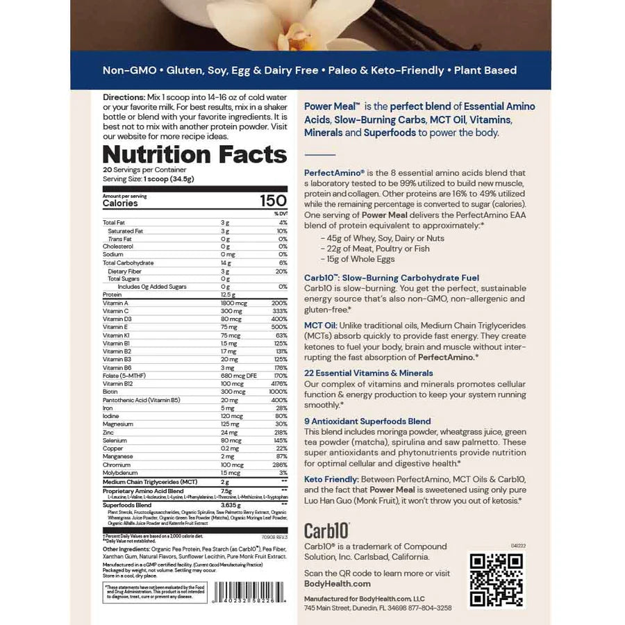 BodyHealth Perfect Amino Power Meal vanilla nutrition facts panel, one scoop serving, 20 servings