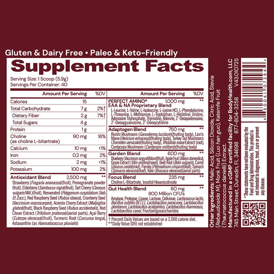 BodyHealth Reds supplement facts panel, one scoop serving, 40 servings per container