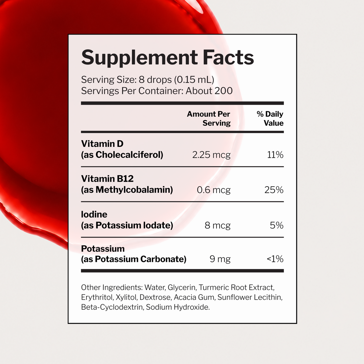 Lumati Red Supplement Facts label: 8 drops (0.15 mL) per serving, about 200 servings, with vitamin D, B12, iodine and potassium