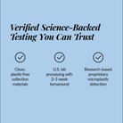 Promotional text on a blue background about science-backed testing with checkmarks.