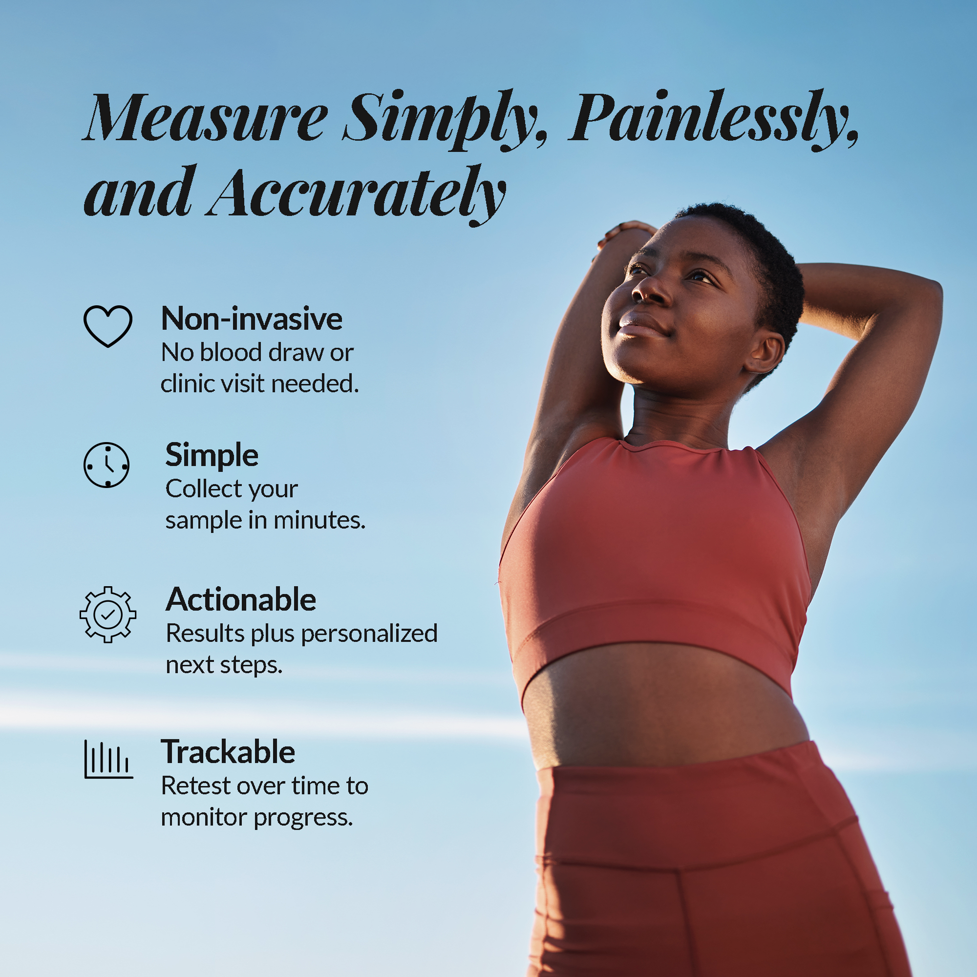 Woman in athletic wear with text about a microplastic measurement solution on a blue background