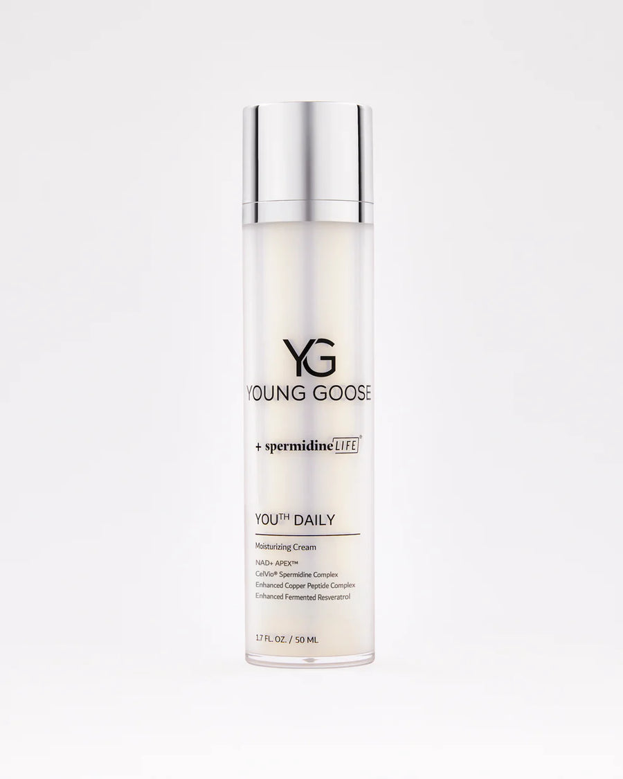 Young Goose Youth Daily moisturizing cream with spermidineLIFE, white bottle, 1.7 fl oz