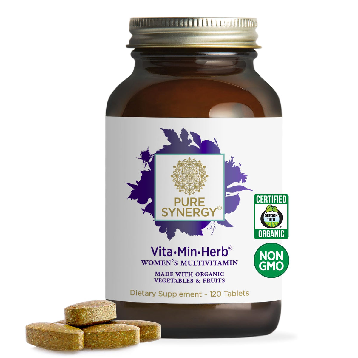 Pure Synergy Vita-Min-Herb women's multivitamin amber jar, 120 tablets, with three tablets in front