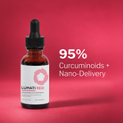 Lumati Red dropper bottle with 95% curcuminoids and nano-delivery callout on a red background