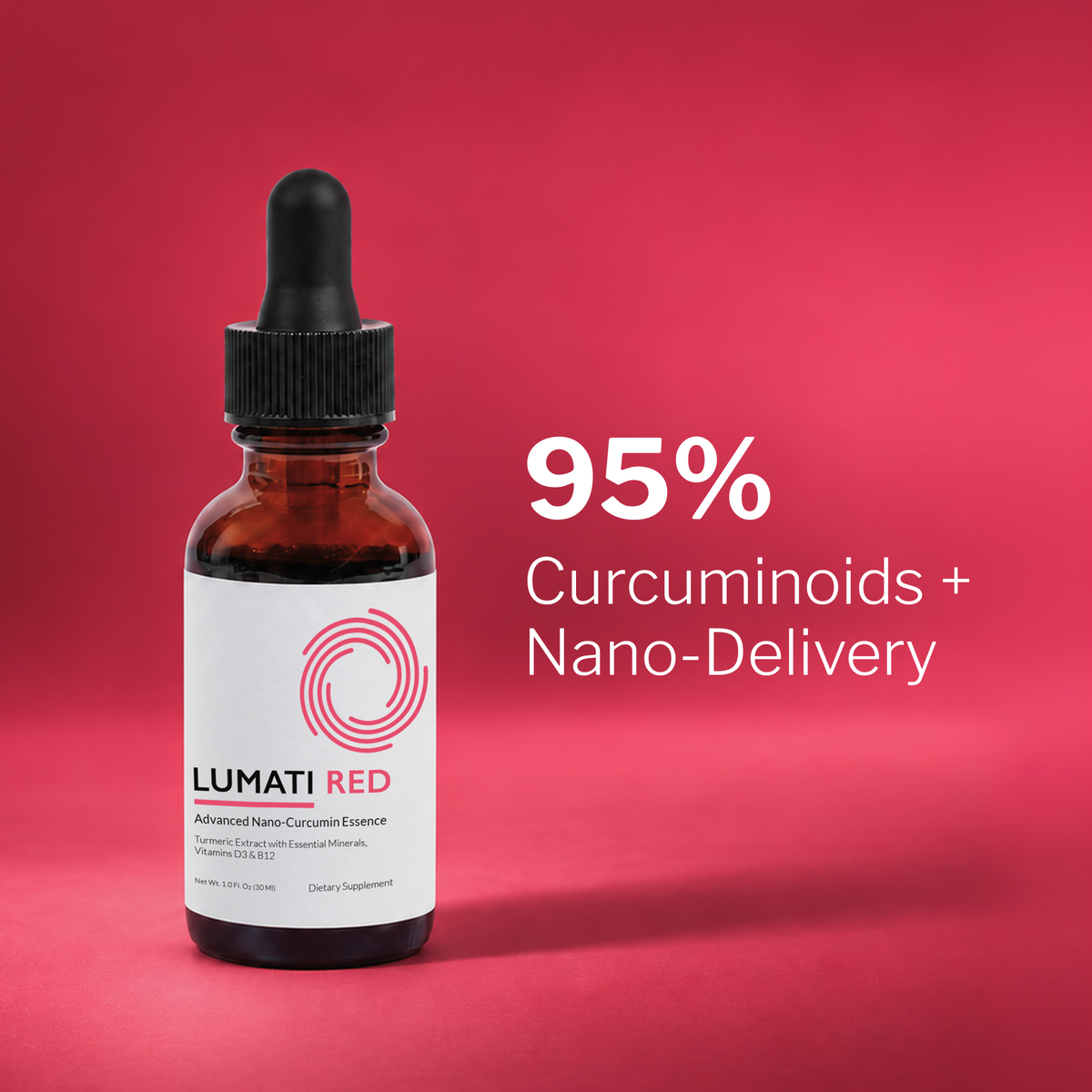 Lumati Red dropper bottle with 95% curcuminoids and nano-delivery callout on a red background
