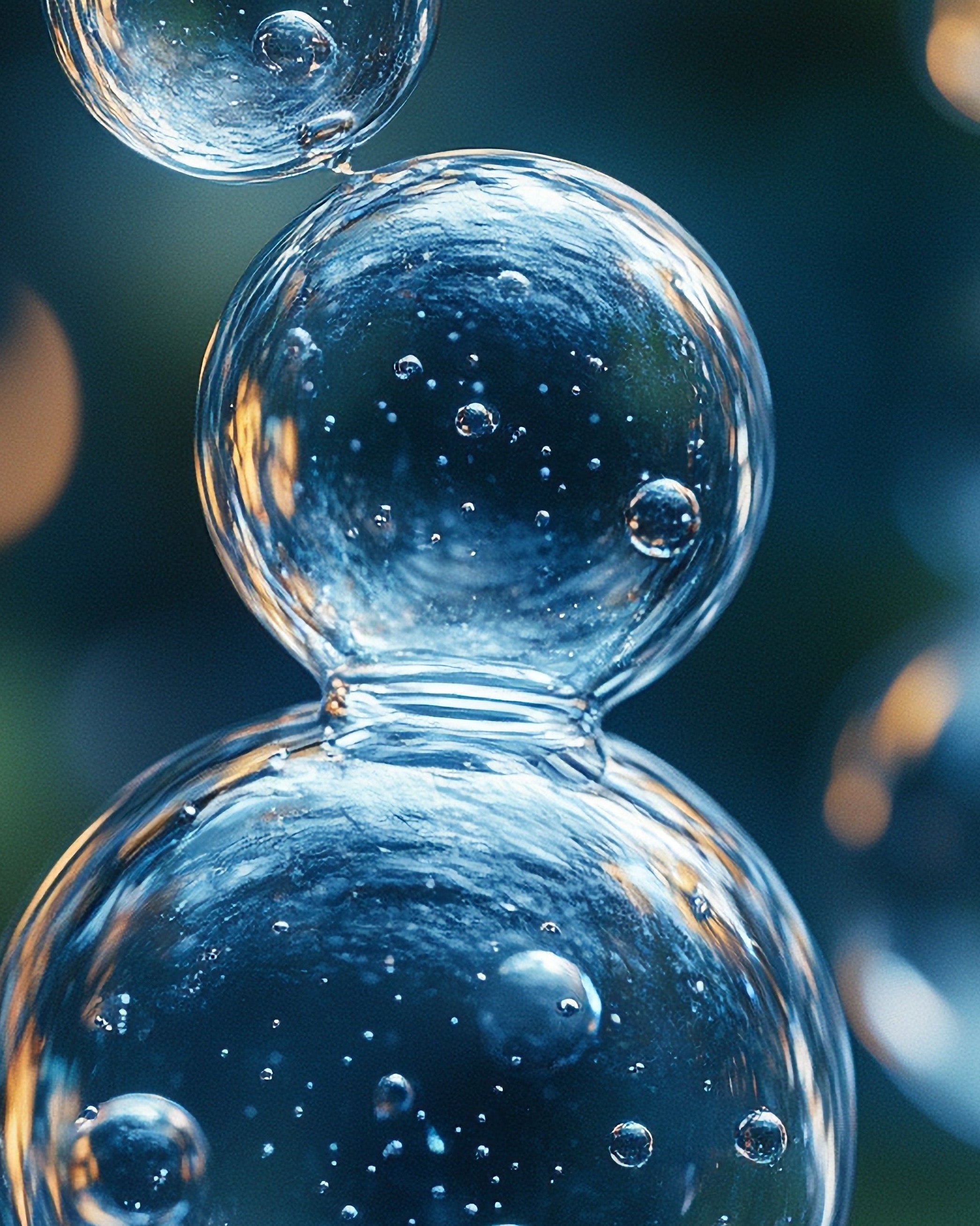 Close-up of three bubbles with a blurred bokeh background