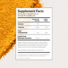 Lumati Gold Supplement Facts panel: 1 teaspoon (2.5 g) per serving, 60 servings, 10 calories, with 2.5 g Nootropic Elevation blend, shown over golden turmeric powder.