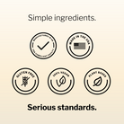 Lumati Gold quality badges: made in the USA, gluten free, 100% vegan and plant based