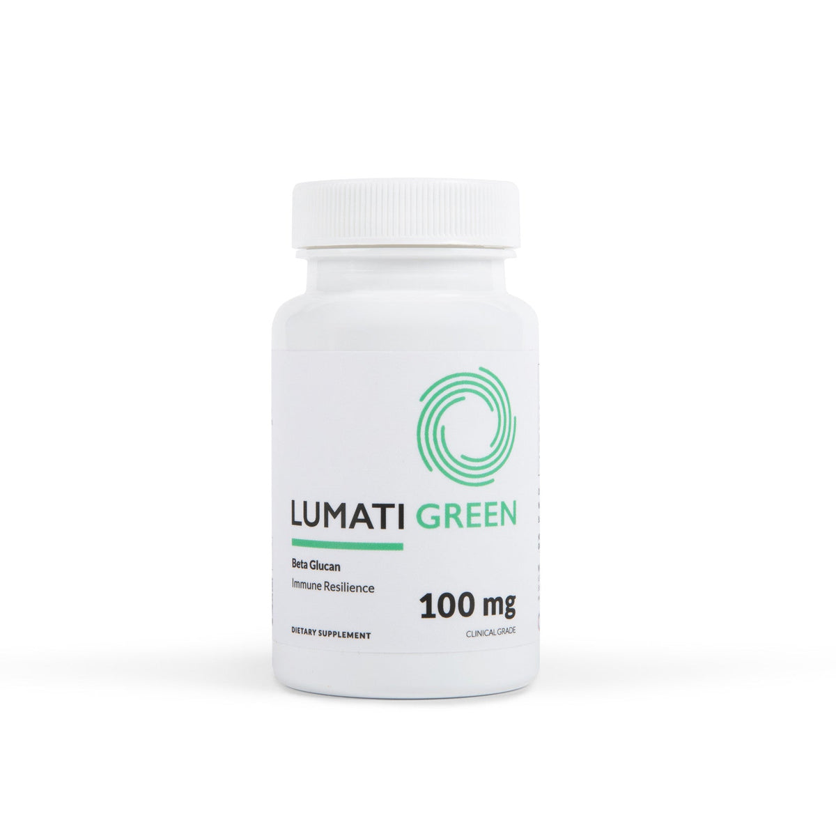 Lumati Green 100 mg beta glucan dietary supplement bottle on a white background
