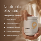 Hands holding Lumati Gold tub; designed to support focus, clarity and daily performance