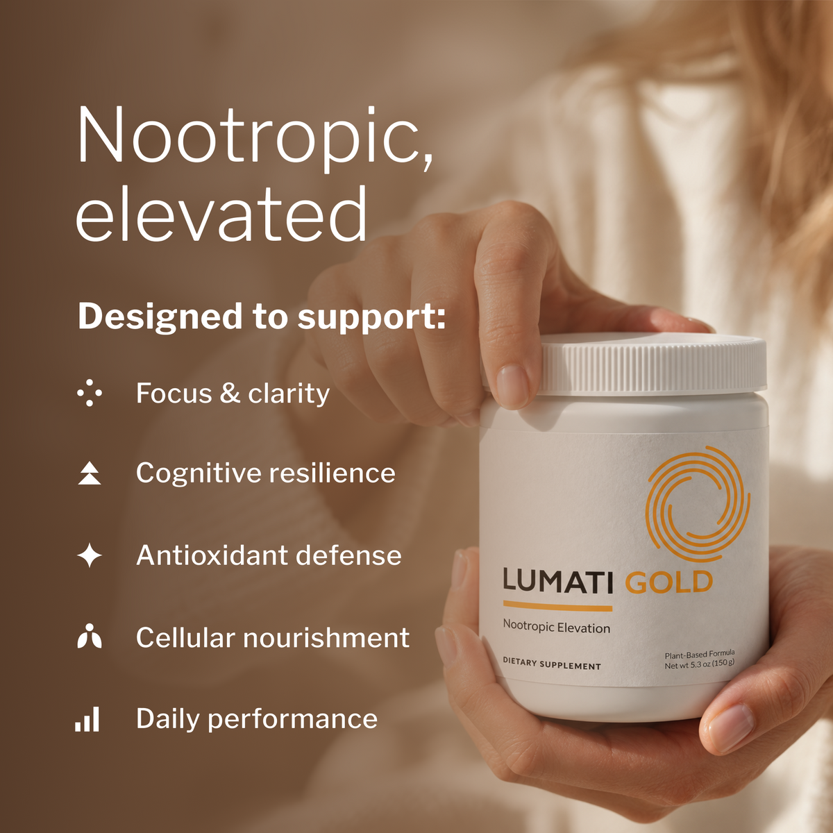 Hands holding Lumati Gold tub; designed to support focus, clarity and daily performance