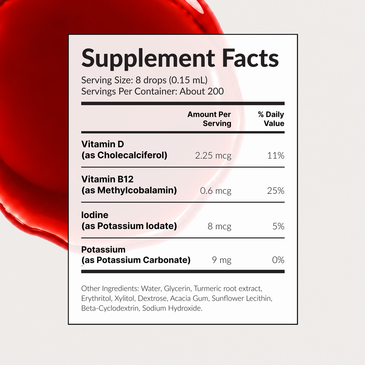 Lumati Red Supplement Facts panel: 8 drops (0.15 mL) per serving, about 200 servings, with vitamin D, vitamin B12, iodine, and potassium.