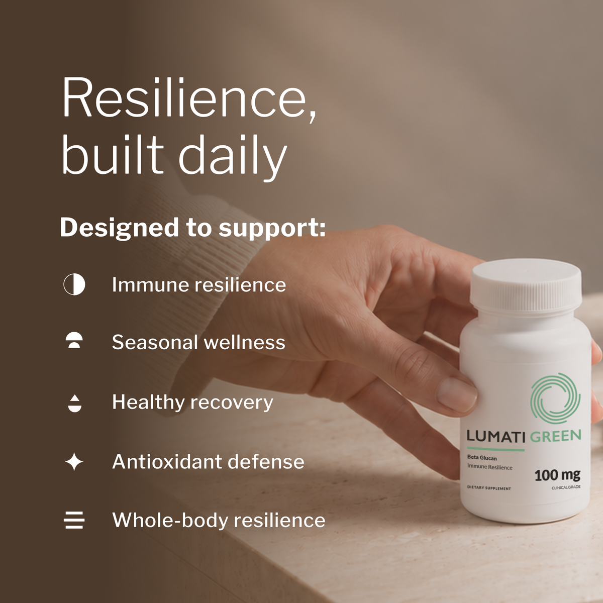 Hand reaching for Lumati Green bottle; designed to support immune resilience, seasonal wellness and healthy recovery