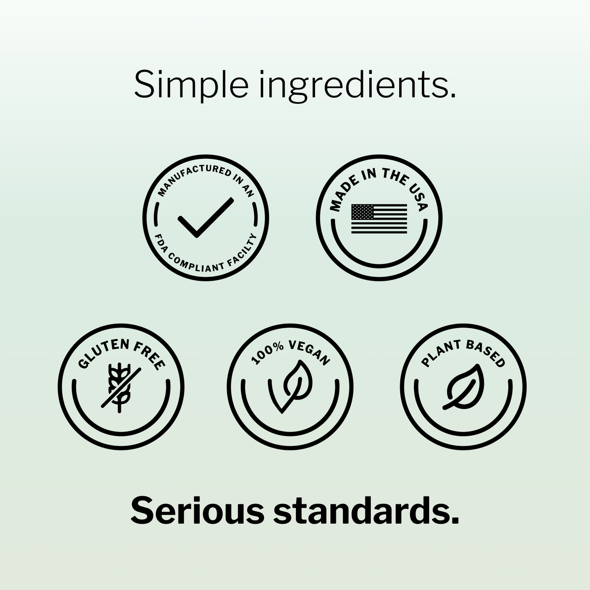 Lumati Green quality badges: made in the USA, gluten free, 100% vegan, plant based