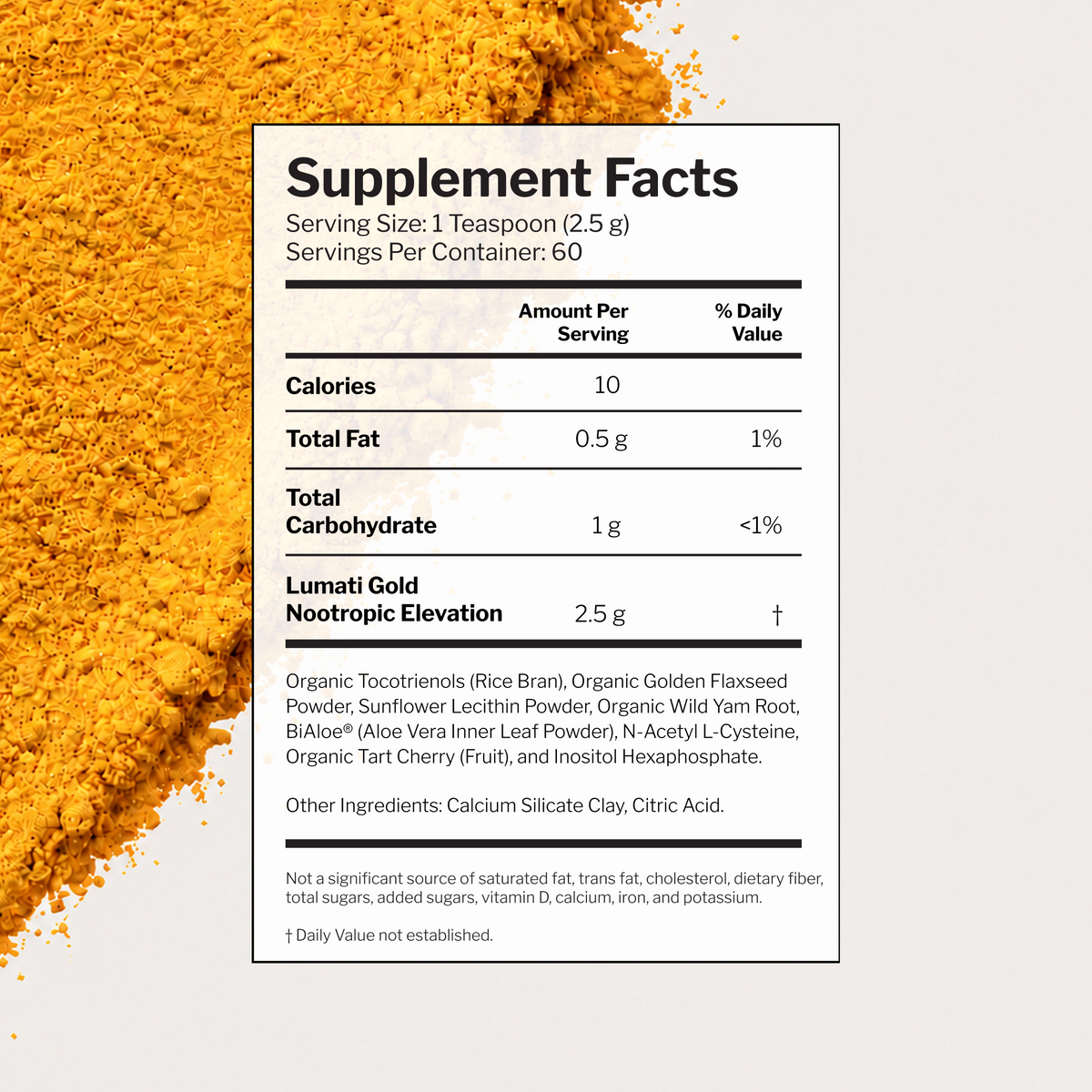 Lumati Gold Supplement Facts label: 1 teaspoon (2.5 g) per serving, 60 servings, 10 calories