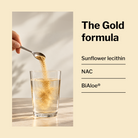 Spoonful of Lumati Gold powder stirred into water; formula includes sunflower lecithin, NAC and BiAloe