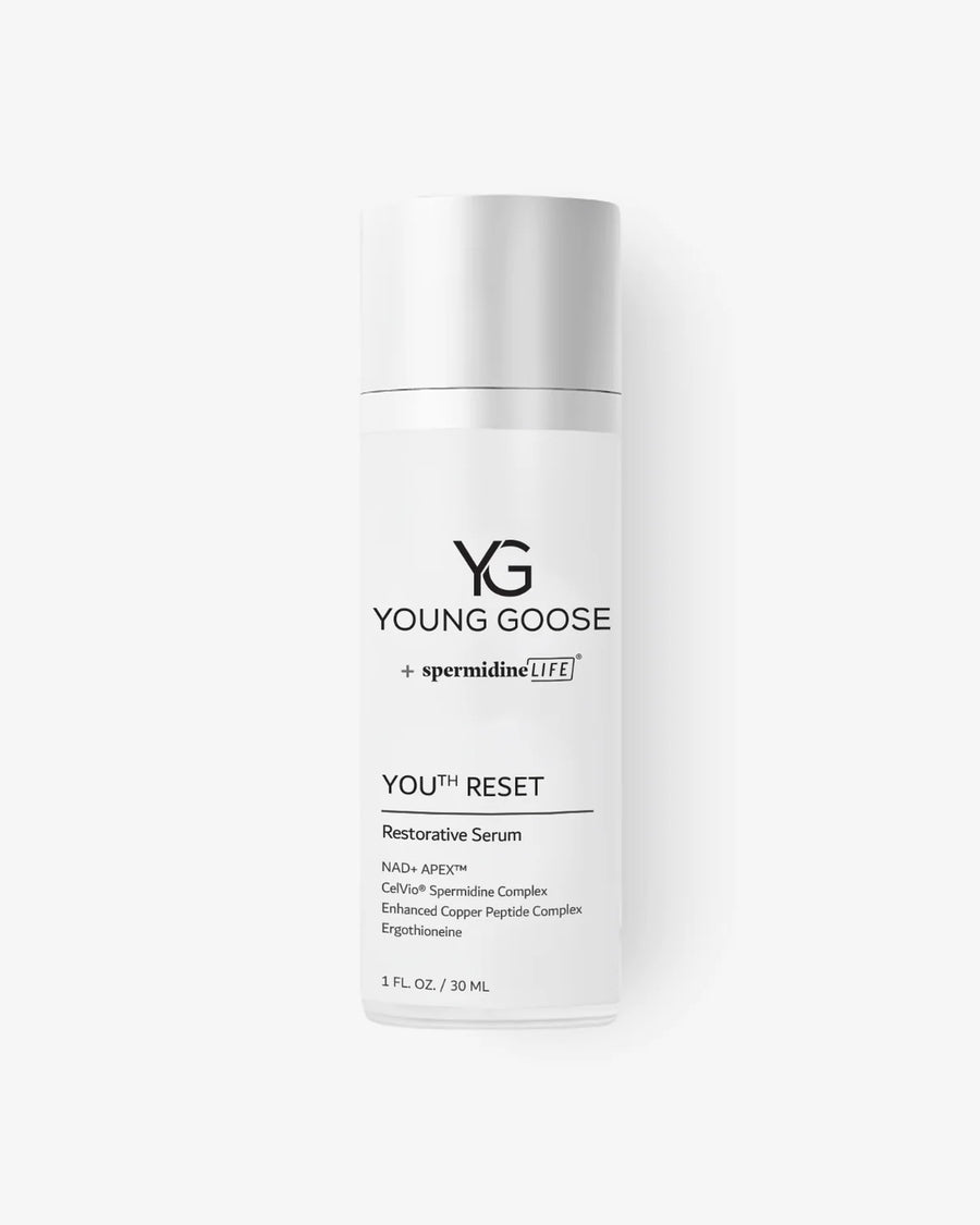 Young Goose Youth Reset restorative serum with spermidineLIFE, white bottle, 1 fl oz